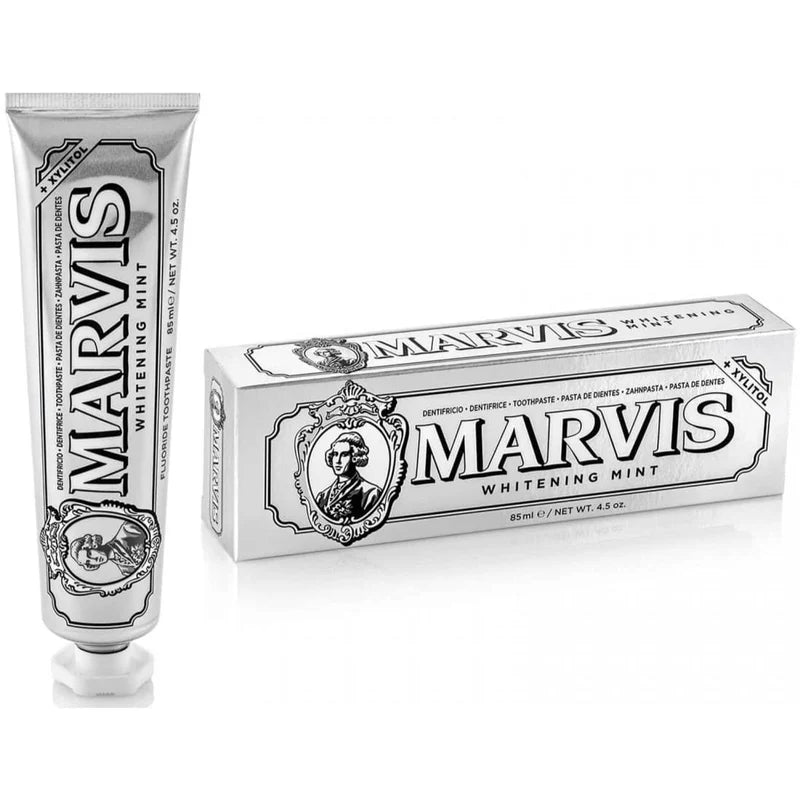 Marvis - Pasta de dientes Whitening Mint 85 ml para blanqueamiento dental profesional, con sílice equilibrada y flúor, fórmula vegana sin conservantes, sabor a menta fresca duradera