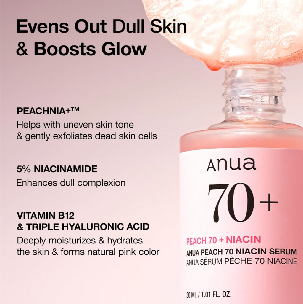 Anua - Sérum facial Peach 70% Niacin Serum hidratante iluminador con 5% niacinamida y PeachNia+™ para piel seca y madura, minimiza poros y arrugas, 30 ml