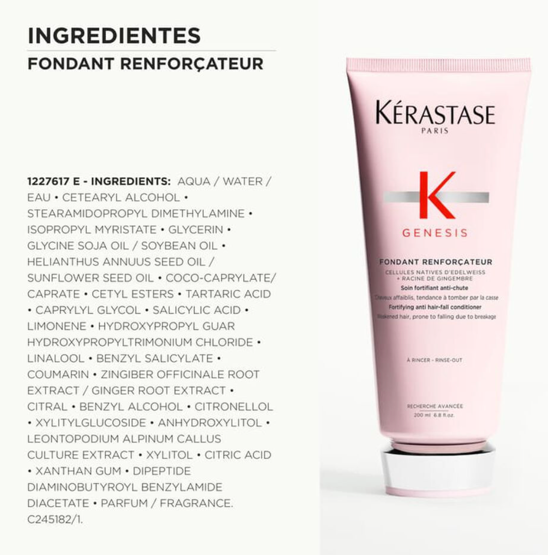 Acondicionador Genesis Fondant Reinforcateur 200 ml fortificante antirotura para cabello fino, sin sulfatos ni siliconas, hidrata profundamente y reduce la caída por rotura hasta un 97% con sistema completo
