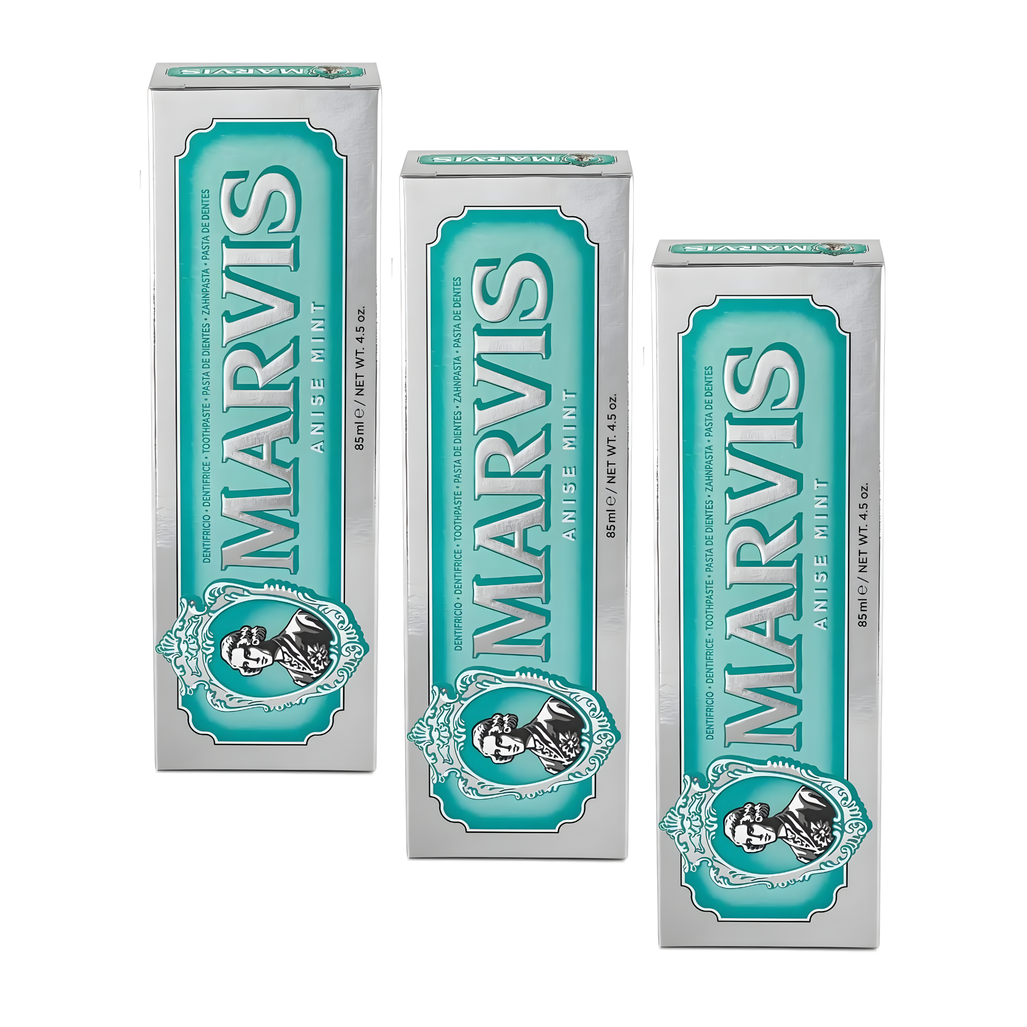 Marvis ( 3UNIDADES ) Pasta de dientes Anise Mint 85 ml para cuidado bucal premium, con flúor y xilitol contra caries, fórmula vegana concentrada y sin conservantes