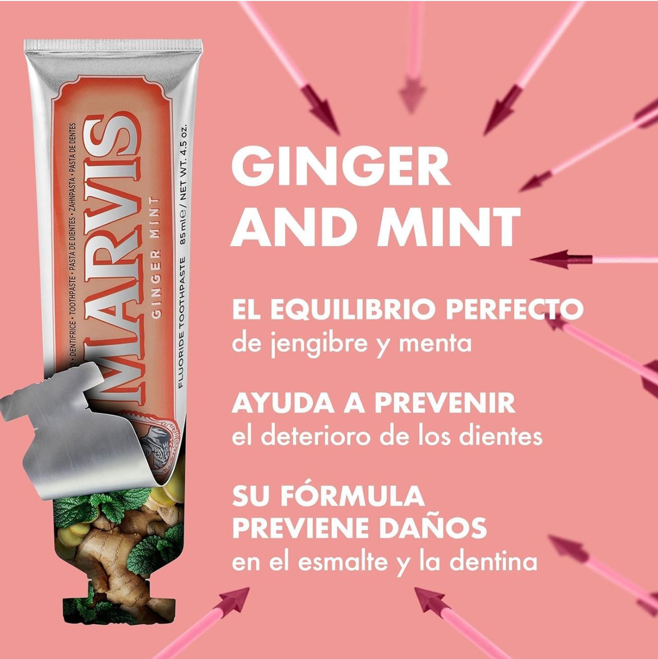 Marvis - Pasta de dientes Ginger Mint 85 ml para cuidado bucal avanzado, con flúor y xilitol anticaries, fórmula vegana sin conservantes y textura cremosa refrescante