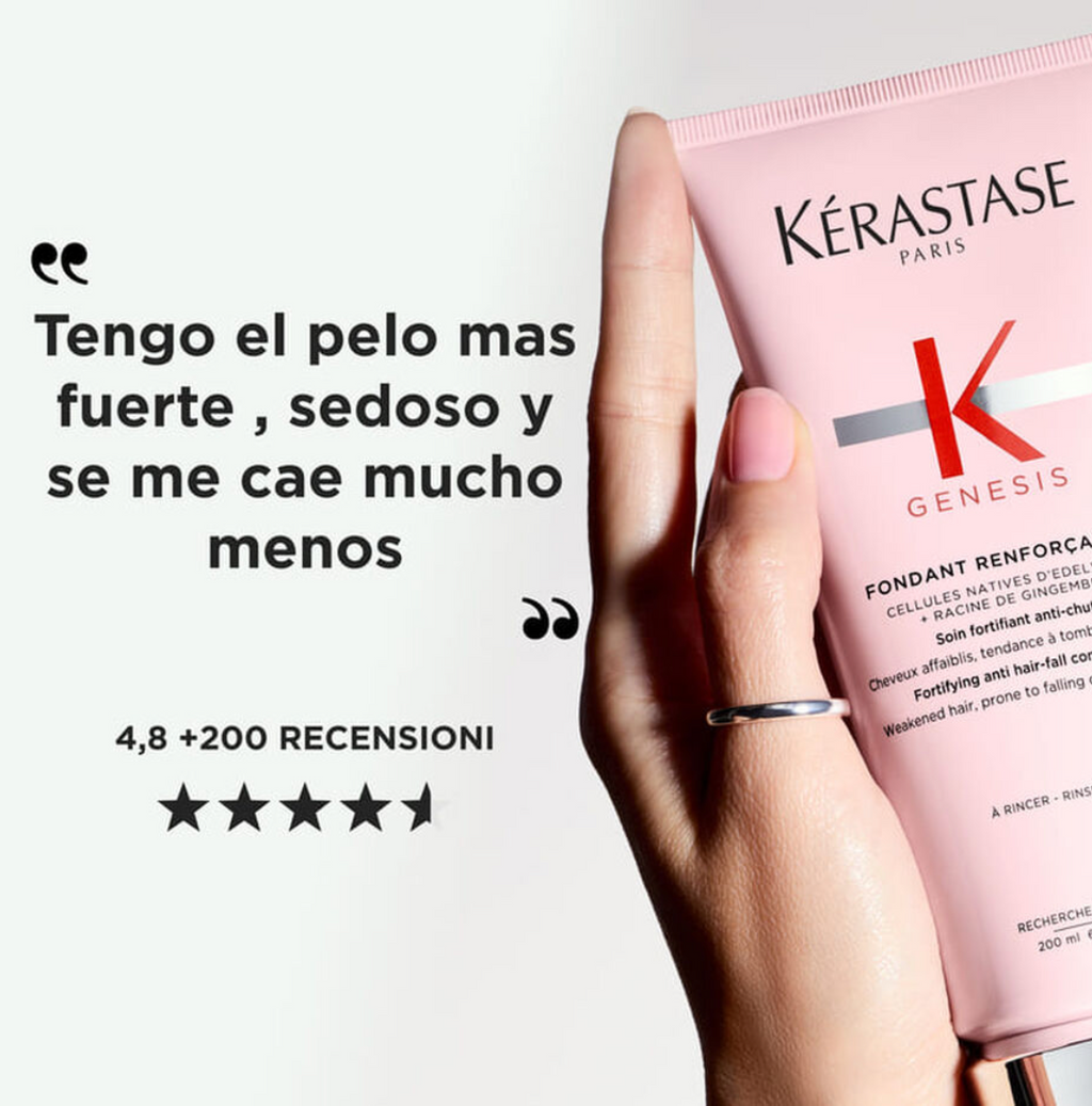 Acondicionador Genesis Fondant Reinforcateur 200 ml fortificante antirotura para cabello fino, sin sulfatos ni siliconas, hidrata profundamente y reduce la caída por rotura hasta un 97% con sistema completo