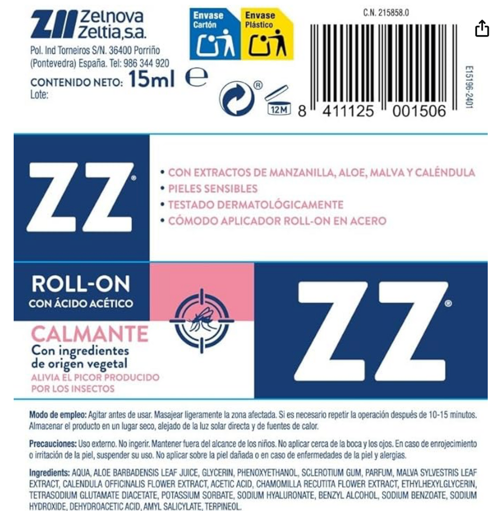 ZZ ROLL-ON CALMANTE PICADURAS 15ML - Alivio para picaduras de insectos - Cuidado de la piel