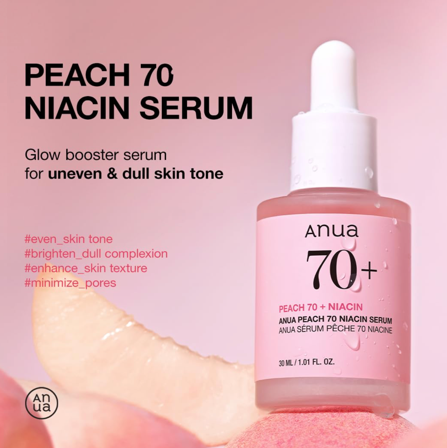 Anua - Sérum facial Peach 70% Niacin Serum hidratante iluminador con 5% niacinamida y PeachNia+™ para piel seca y madura, minimiza poros y arrugas, 30 ml