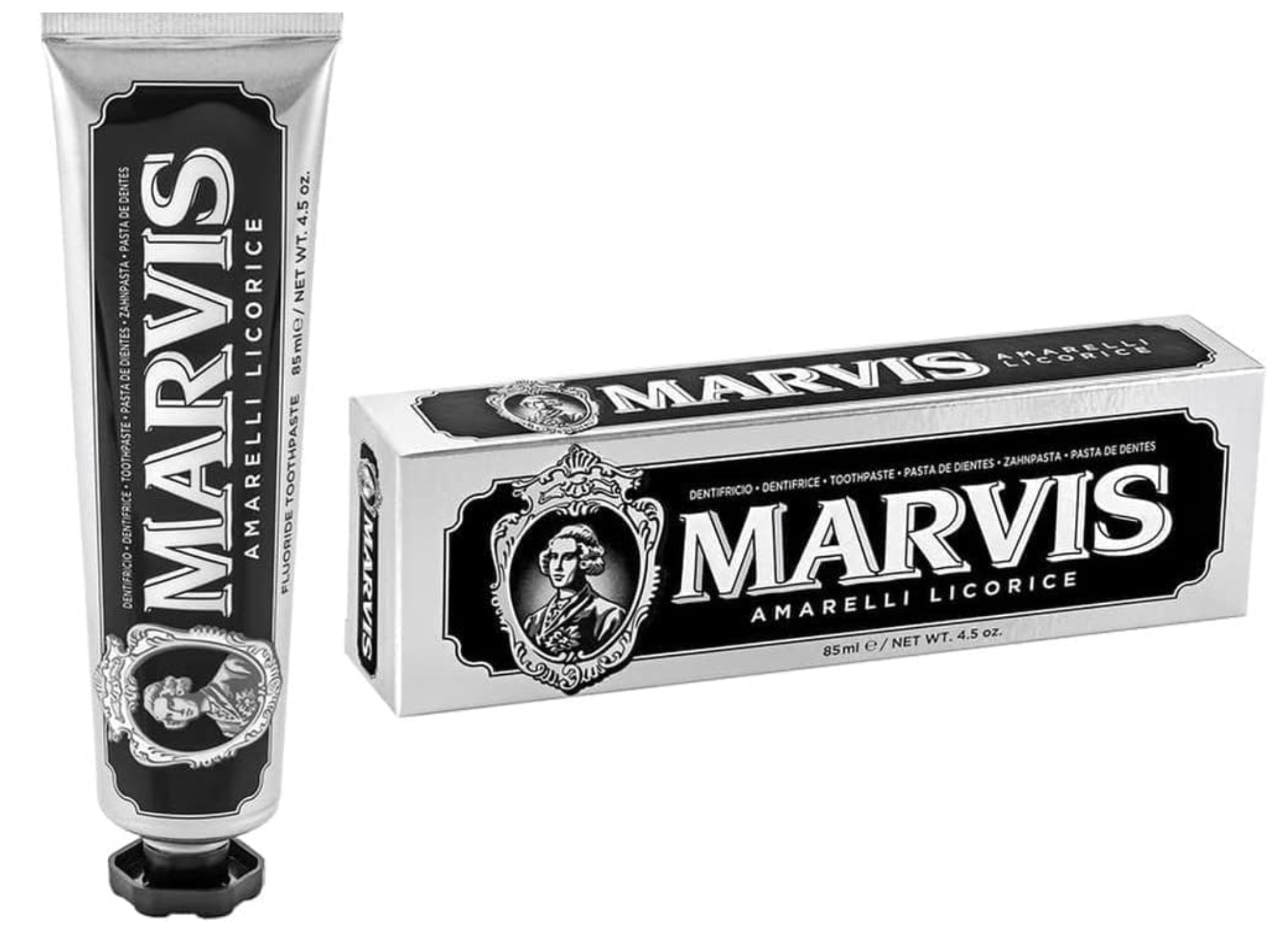 Marvis  ( 3 UNIDADES ) Pasta de dientes Amarelli Licorice 85 ml tipo blanqueadora con flúor y xilitol para prevención de caries, fórmula vegana sin conservantes y textura sedosa ideal para cuidado bucal diario