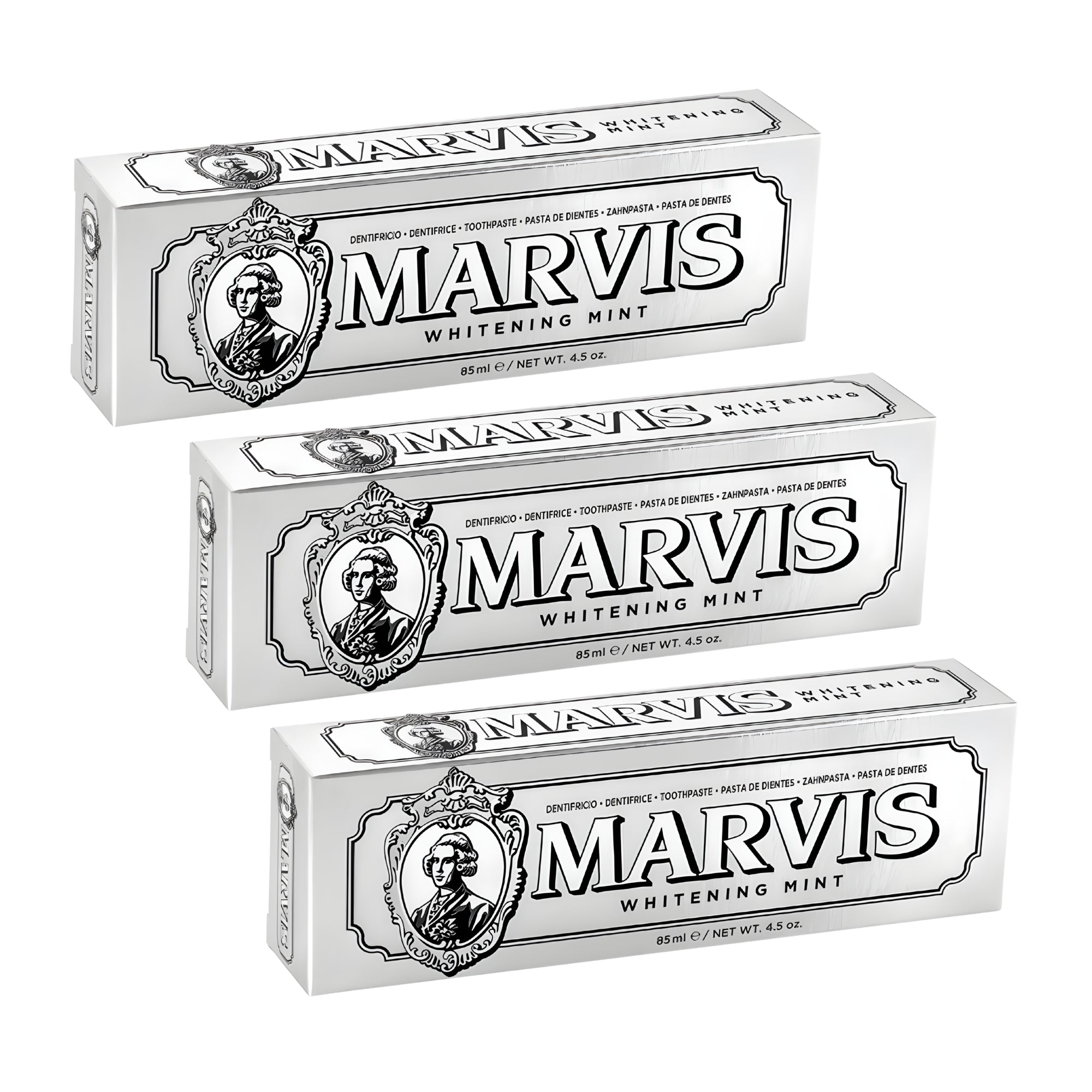 Marvis ( 3  UNIDADES)  Pasta de dientes Whitening Mint 85 ml para blanqueamiento dental profesional, con sílice equilibrada y flúor, fórmula vegana sin conservantes, sabor a menta fresca duradera