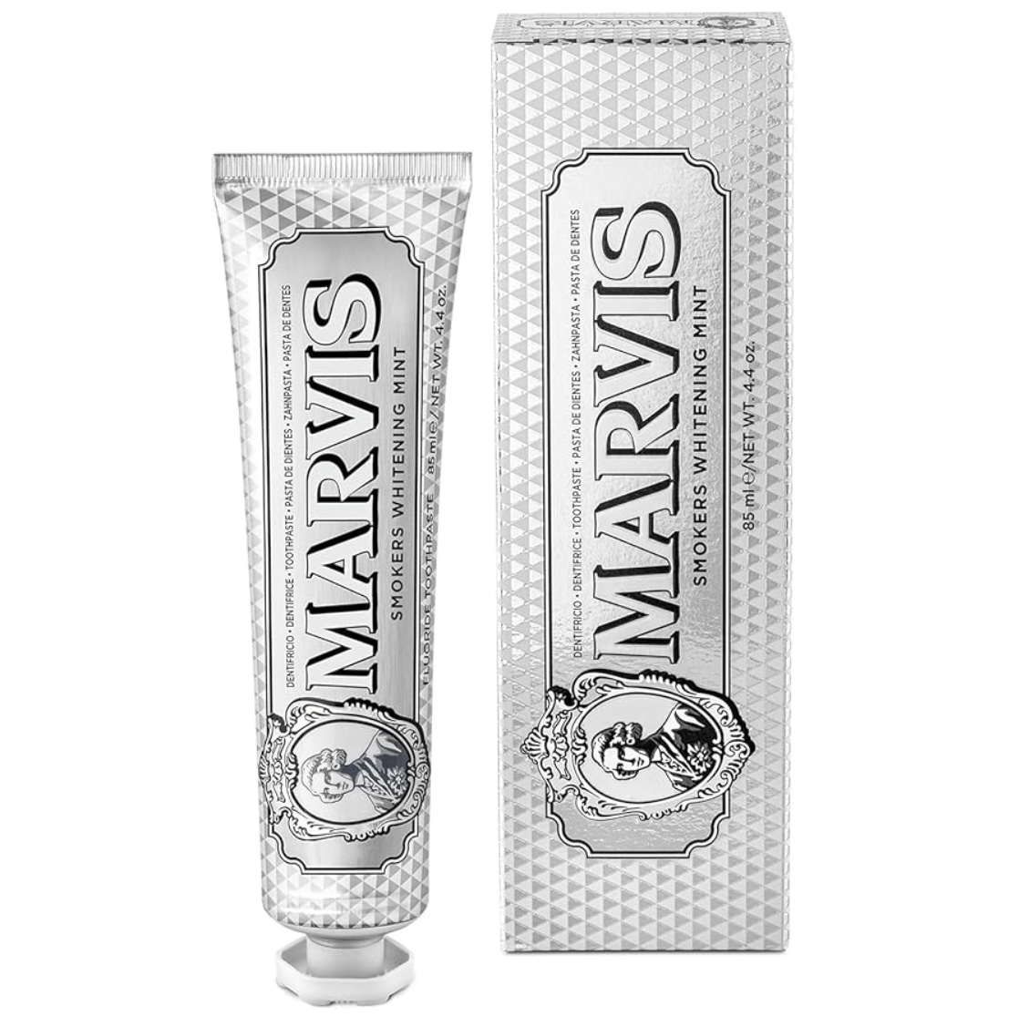 Marvis - Pasta de dientes Smokers Whitening Mint 85 ml para blanqueamiento dental efectivo contra manchas de tabaco y café, con flúor y xilitol para protección anticaries y fórmula vegana sin conservantes