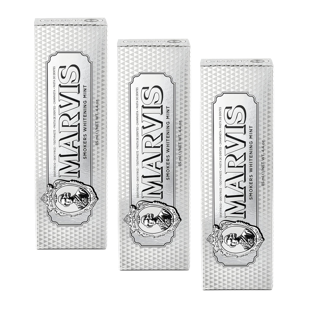 Marvis (3 UNIDADES)  Pasta de dientes Smokers Whitening Mint 85 ml para blanqueamiento dental efectivo contra manchas de tabaco y café, con flúor y xilitol para protección anticaries y fórmula vegana sin conservantes