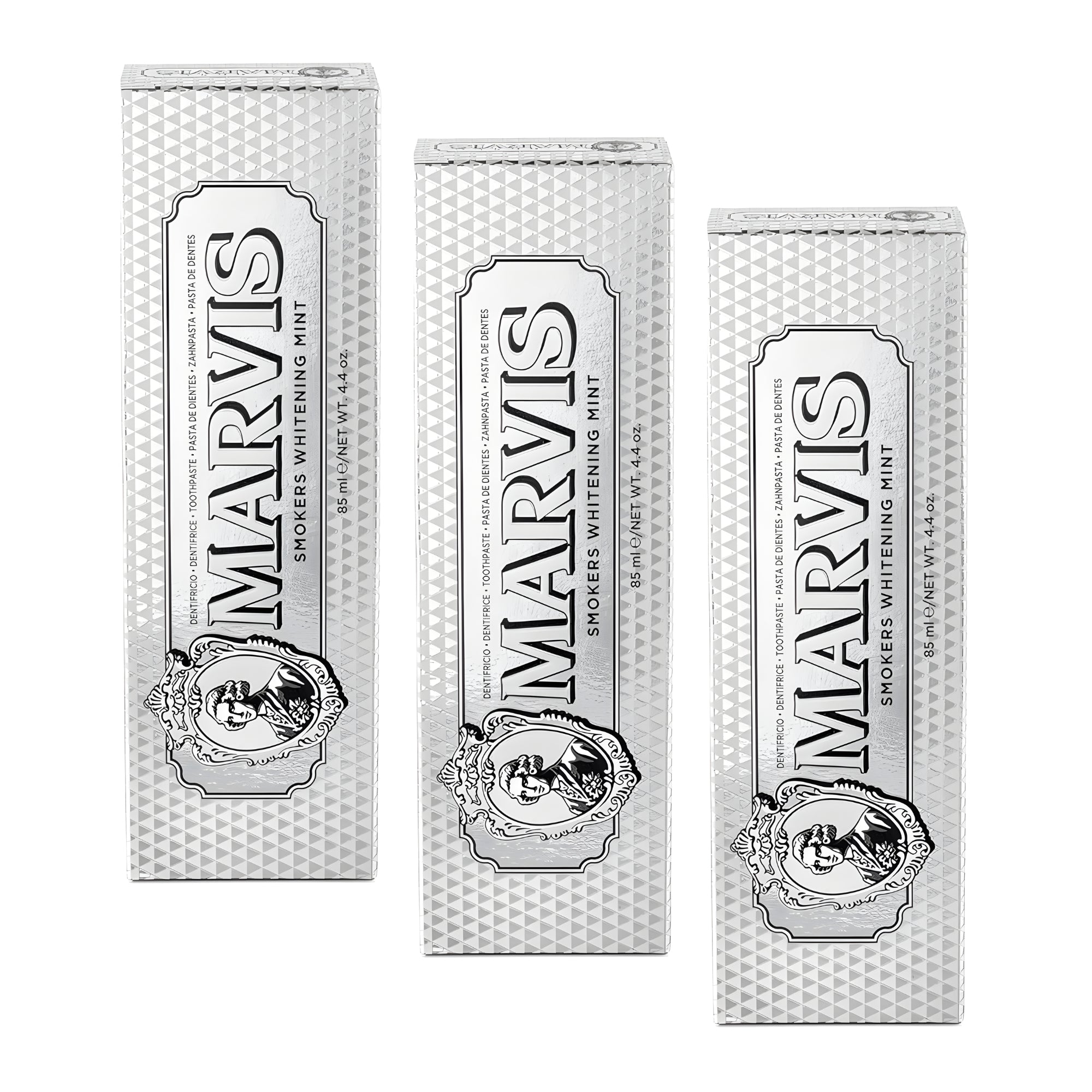 Marvis (3 UNIDADES)  Pasta de dientes Smokers Whitening Mint 85 ml para blanqueamiento dental efectivo contra manchas de tabaco y café, con flúor y xilitol para protección anticaries y fórmula vegana sin conservantes