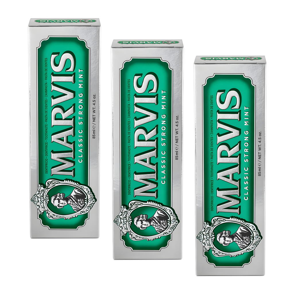 Marvis (3 UNIDADES) Pasta de dientes Classic Strong Mint 85 ml para cuidado bucal intensivo con menta piperita pura, frescor ártico duradero y protección contra caries con flúor + xilitol