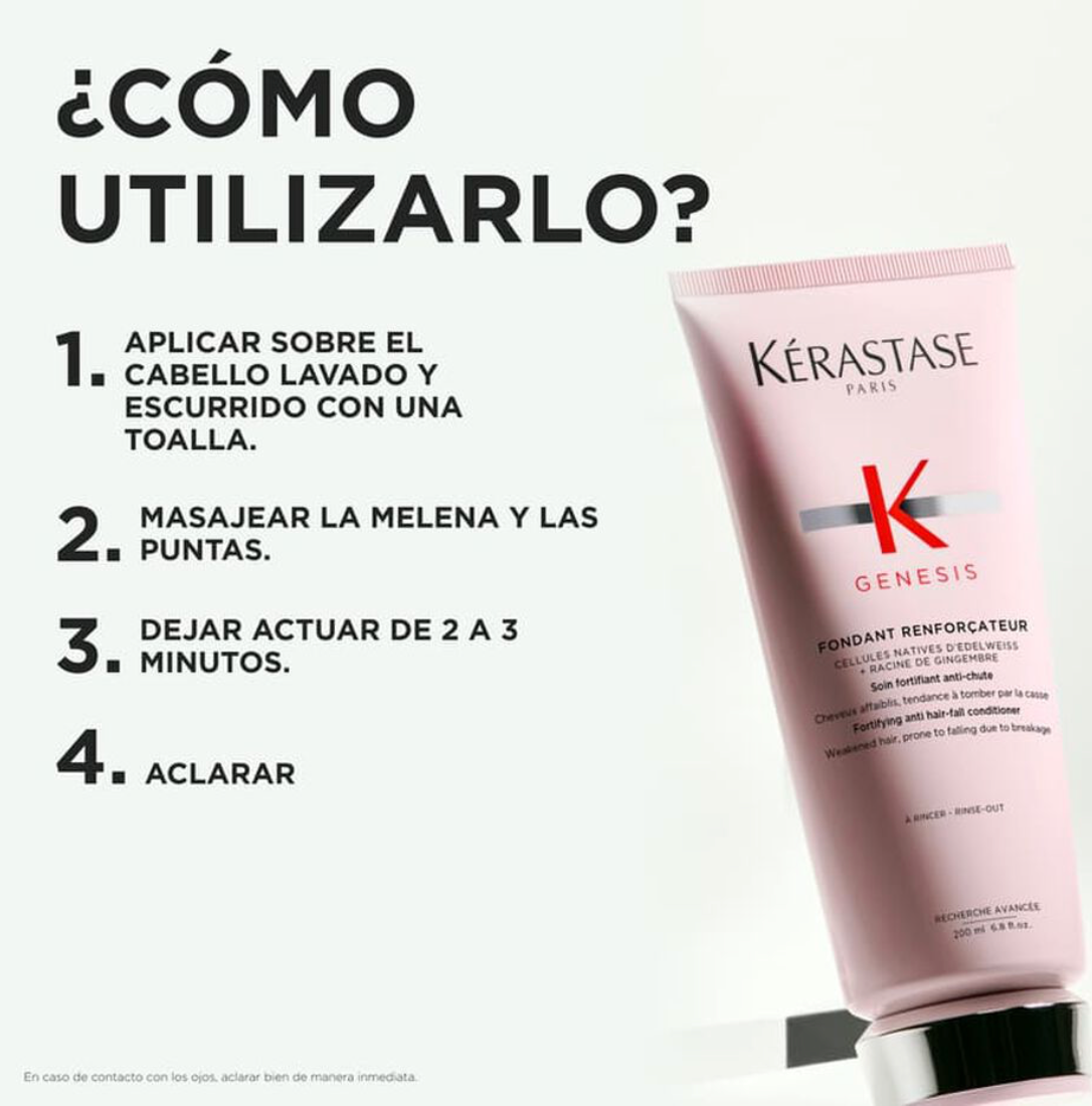 Acondicionador Genesis Fondant Reinforcateur 200 ml fortificante antirotura para cabello fino, sin sulfatos ni siliconas, hidrata profundamente y reduce la caída por rotura hasta un 97% con sistema completo