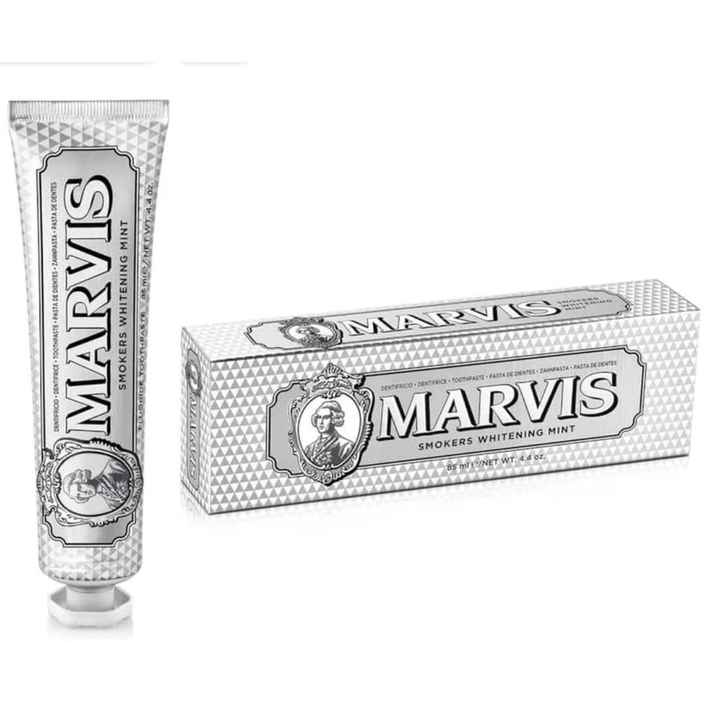 Marvis - Pasta de dientes Whitening Mint 85 ml para blanqueamiento dental profesional, con sílice equilibrada y flúor, fórmula vegana sin conservantes, sabor a menta fresca duradera