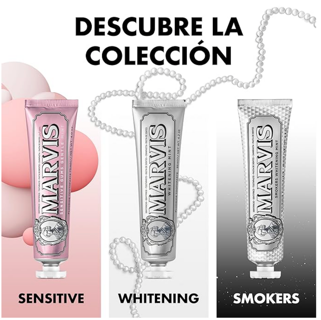 Marvis ( 3  UNIDADES)  Pasta de dientes Whitening Mint 85 ml para blanqueamiento dental profesional, con sílice equilibrada y flúor, fórmula vegana sin conservantes, sabor a menta fresca duradera