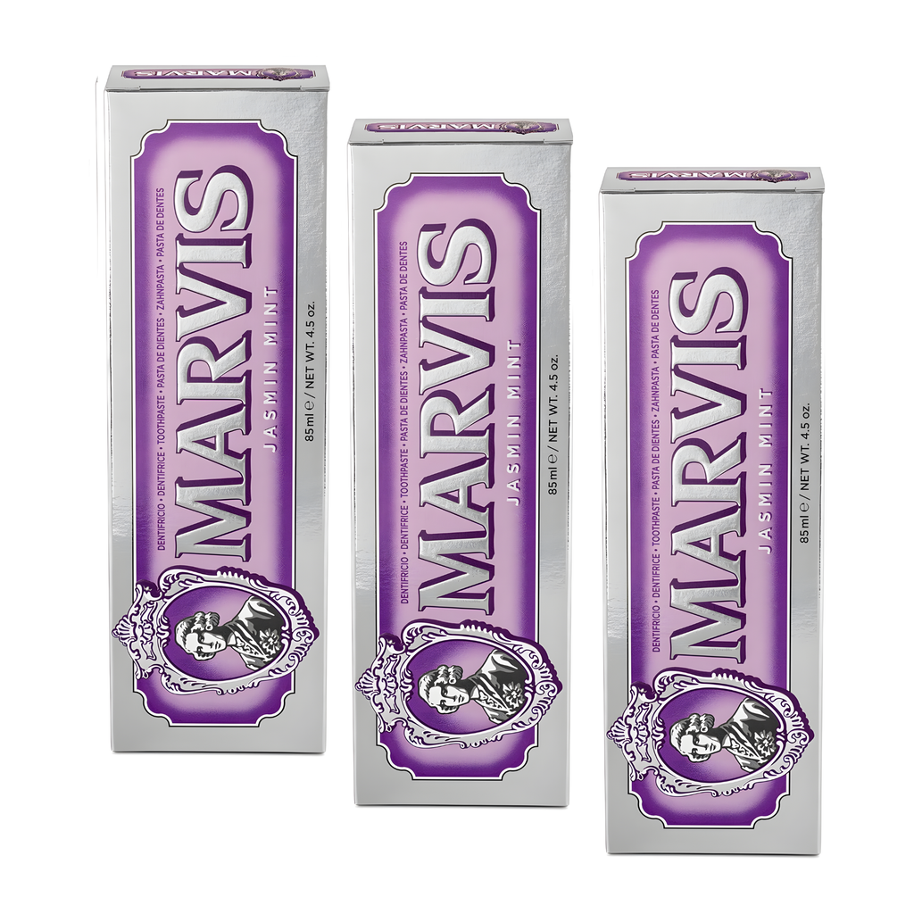 Marvis ( 3 UNIDADES ) Pasta de dientes Jasmine Mint 85 ml para cuidado bucal premium con flúor y xilitol, fórmula vegana sin conservantes, clínicamente probada para dientes y encías saludables