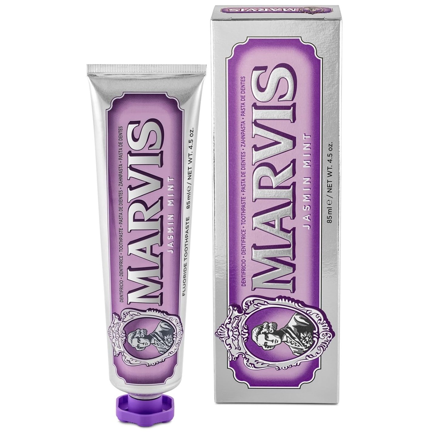 Marvis - Pasta de dientes Jasmine Mint 85 ml para cuidado bucal premium con flúor y xilitol, fórmula vegana sin conservantes, clínicamente probada para dientes y encías saludables