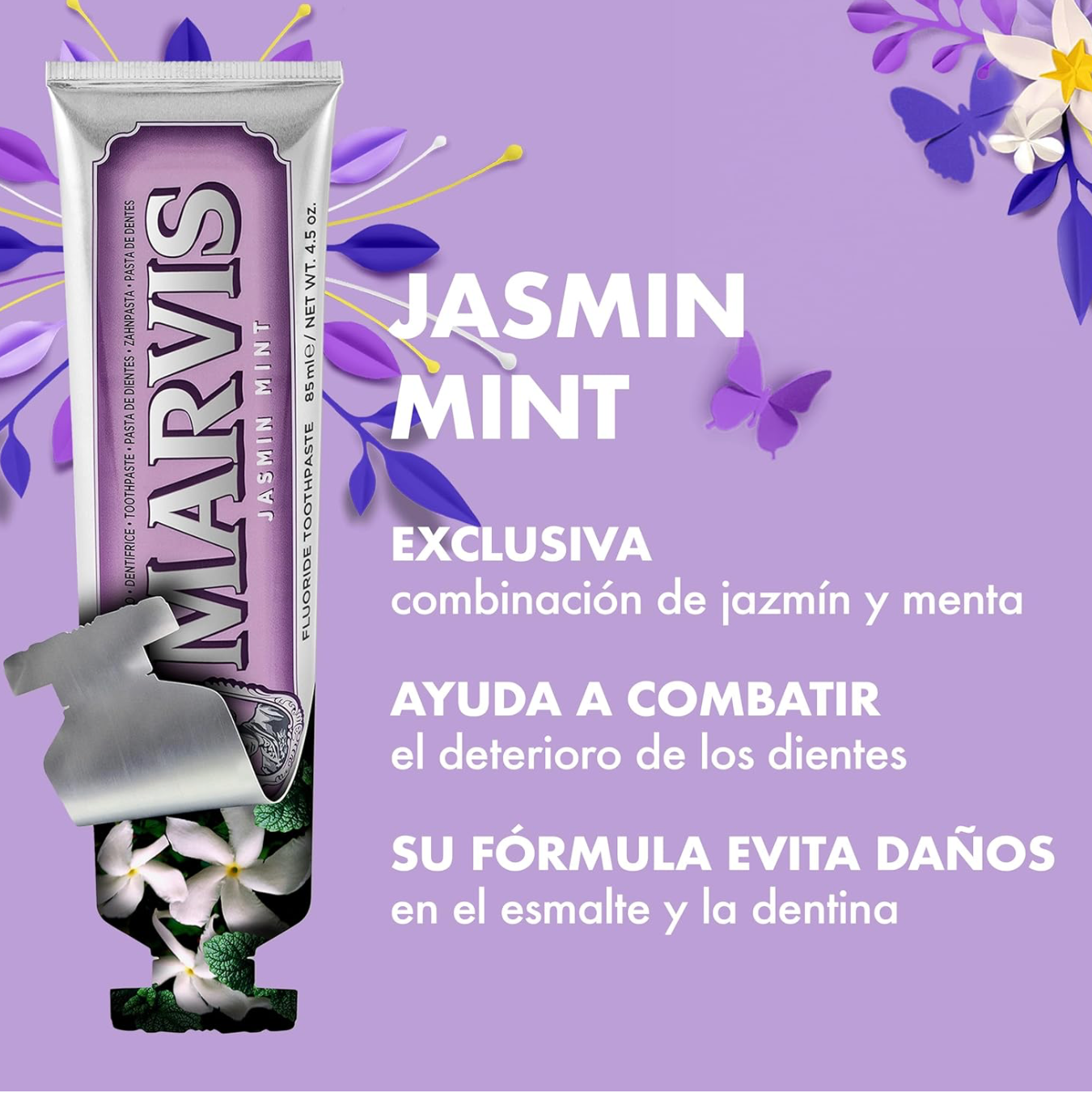 Marvis ( 3 UNIDADES ) Pasta de dientes Jasmine Mint 85 ml para cuidado bucal premium con flúor y xilitol, fórmula vegana sin conservantes, clínicamente probada para dientes y encías saludables