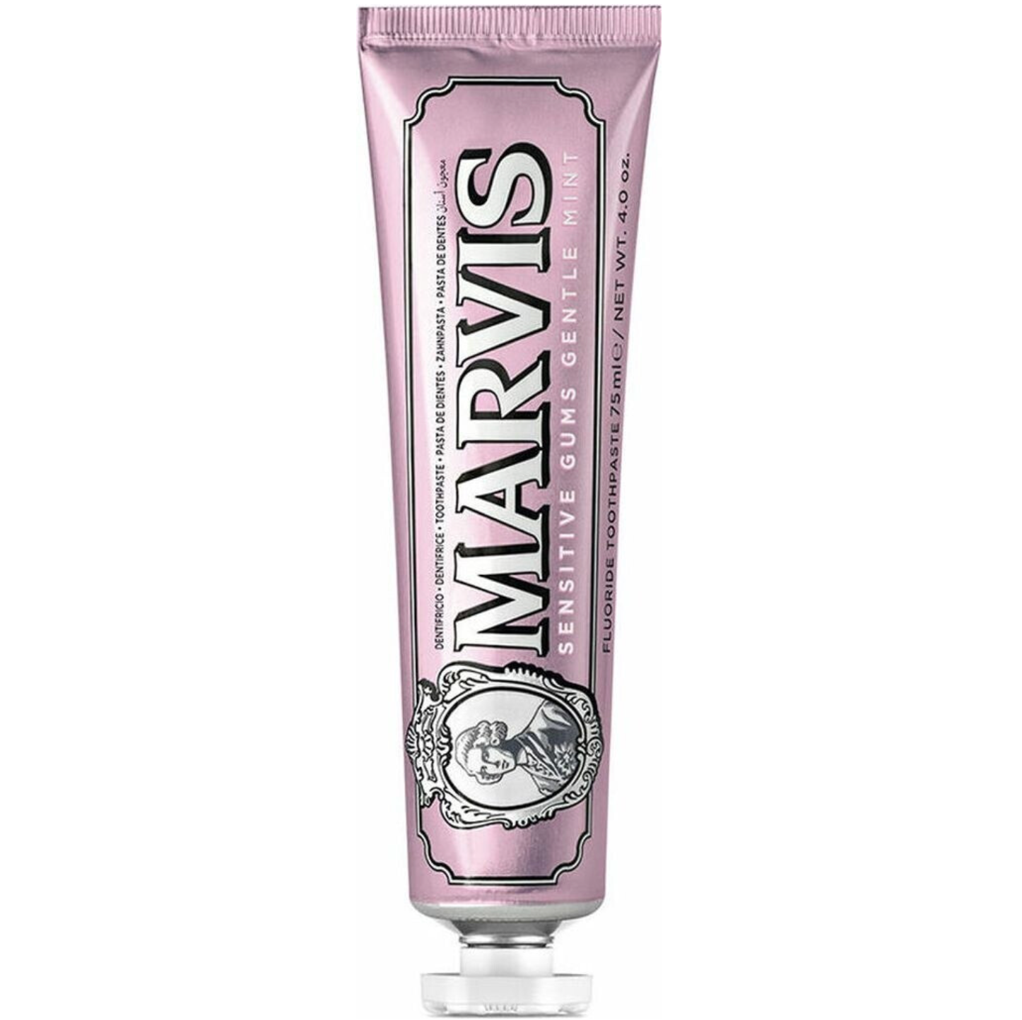 Marvis - Pasta de dientes Sensitive 75 ml con ácido hialurónico y prebióticos para encías sensibles, frescura acuática de hierbabuena y menta, fórmula vegana sin conservantes ni daño al esmalte
